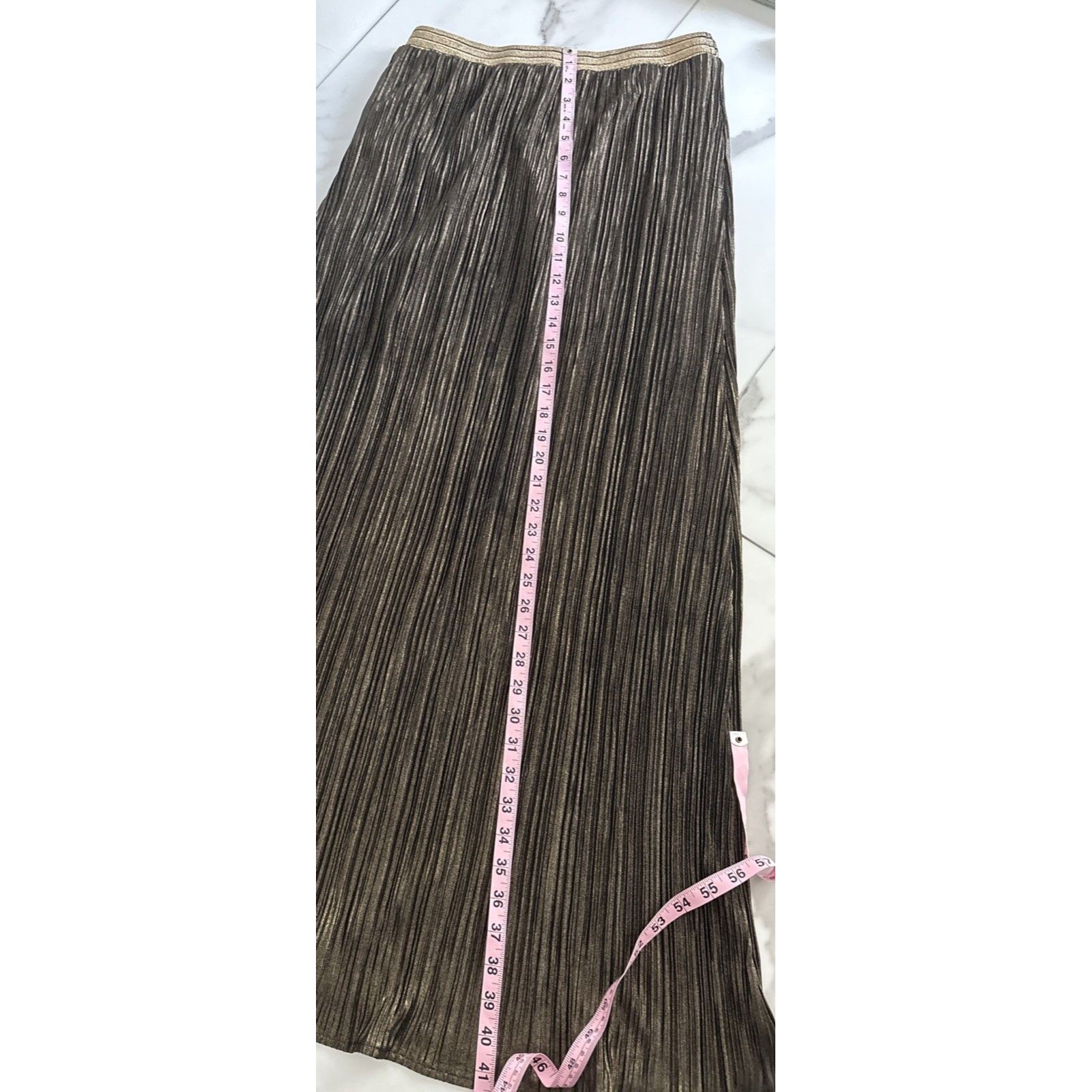 Skies Are Blue Metallic Pleated Gold Bronze Accordian Shimmer Maxi Skirt — image 8 of 8